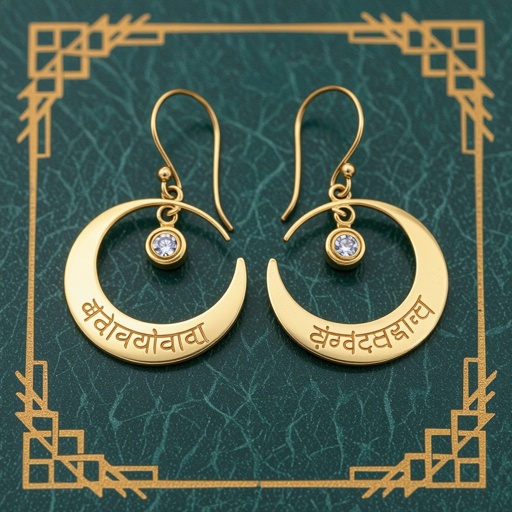 Серьги золотые в форме тонкого изящного полумесяца, полукруг как продолжение застежки, на полукруге надписи мантрами на санскрите
