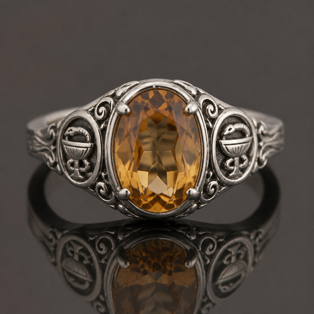 A vintage women's ring made of silver with topaz stones suitable for formal. um anel feminino com um topázio imperial oval. ele deve possuir o símbolo da farmácia nas laterais e arabescos
photorealistic jewelry design, A vintage women's ring made of silver with topaz stones suitable for formal. um anel feminino com um topázio imperial oval. ele deve possuir o símbolo da farmácia nas laterais e arabescos, vintage style, just the design no text