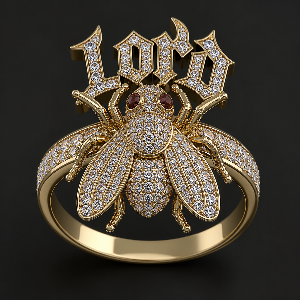 A women's ring, detailed and decorative, moderately ornate. Lord of the flies piece basically I want a iced out fly pendent with the word lord above
photorealistic jewelry design, A women's ring, detailed and decorative, moderately ornate. Lord of the flies piece basically I want a iced out fly pendent with the word lord above, modern style, just the design no text