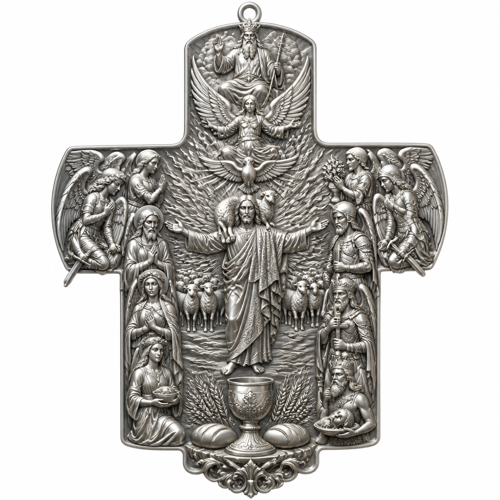 A artistic women's pendant made of silver suitable for festival. An extraordinary excellent beautiful delicate and elegant, super modern Cross, without stones, without background only the Cross, with Jesus Christ as the Good Shepherd with a beautiful delicate and elegant face, with long hair, with a beautiful delicate elegant and fit body, with His hands wide open to receive all of us, with a beautiful delicate elegant and beautifully ornated tunic, with a beautiful delicate and elegant sheep on His shoulders, with a beautiful delicate and elegant flock of beautiful delicate and elegant sheep backward of Him. Over Jesus Christ and the flock to be placed the Holy Spirit as an Angel with a beautiful delicate and elegant face, with long hair, with big wings flying, with a beautiful delicate elegant and fit body, with a beautiful delicate elegant and beautifully ornated tunic under the Angel to be placed a beautiful delicate and elegant dove flying both of them the Angel and the dove to be surrounded by tongues of fire radiating light to Jesus Christ and the flock. Over the Holy Spirit to be placed God the Father with a beautiful delicate and elegant face, with long hair, with a beautiful delicate elegant and fit body, with a beautiful delicate and elegant tunic, with a beautiful delicate and elegant sceptre at His left hand blessing the world with His right hand, with a beautiful delicate elegant and beautifully ornated crown on His head. At the bottom of the Cross to be placed the Holy Communion with a beautiful delicate elegant and beautifully ornated chalice and two breads around the chalice. At the lower right side of the Cross to be stacked one by one Saint John the Baptist with a beautiful delicate elegant and beautifully ornated platter with his head on it. Over Saint John the Baptist to be placed Saint Constantine with a beautiful delicate and elegant face, with long hair, with a beautiful delicate and elegant crown on his head, with a beautiful delicate elegant and fit body, with a beautiful delicate and elegant armour holding a beautiful delicate elegant and beautifully ornated Cross. Over Saint Constantine to be placed Saint George with a beautiful delicate and elegant face, with long hair, with a beautiful delicate elegant and beautifully ornated helmet with a beautiful delicate elegant and fit body, with a beautiful delicate elegant and beautifully ornated armour, holding a beautiful delicate and elegant sword with his right hand at low position and near the floor giving respect to the Holy Trinity and Praying. Over Saint George to be placed Saint Peter the Apostle Praying. At the left lower side of the Cross to be placed stacked Saint Paraskevi with a beautiful delicate and elegant face, with long hair, with a beautiful delicate elegant and beautifully curved body, with a beautiful delicate elegant and beautifully ornated tunic holding a bowl with two eyes in it. Over Saint Paraskevi to be placed Saint Irene with a beautiful delicate and elegant face, with long hair, with a beautiful delicate elegant and beautifully ornated wreath on her head, with a beautiful delicate elegant and beautifully curved body, with a beautiful delicate elegant and beautifully ornated tunic Praying. Over Saint Irene to be placed Virgo Maria with a beautiful delicate and elegant face, with beautifully ornated long hair, with a beautiful delicate elegant and beautifully curved body, with a beautiful delicate elegant and beautifully ornated tunic Praying. Over Virgo Maria to be placed Saint Paul the Apostle Praying. At the right side of the Cross to be placed Saint Michael the Archangel with a beautiful delicate and elegant face, with long hair, with a beautiful delicate elegant and beautifully ornated helmet, with a beautiful delicate elegant and fit body, with big wings flying, with a beautiful delicate elegant and beautifully ornated armour, holding His beautiful delicate elegant and beautifully ornated sword low to the ground giving respect to the Holy Trinity and Praying. In front of Saint Michael the Archangel to be placed Saint Gabriel the Archangel with a beautiful delicate and elegant face, with long hair, with a beautiful delicate elegant and beautifully ornated helmet on His head, with a beautiful delicate elegant and fit body, with big wings flying, with a beautiful delicate elegant and beautifully ornated armour, holding a beautiful delicate elegant and beautifully ornated bucket of lilyes and Praying. At the left side of the Cross to be placed Saint Rafael the Archangel with a beautiful delicate and elegant face, with long hair, with a beautiful delicate elegant and beautifully ornated helmet, with a beautiful delicate elegant and fit body, with big wings flying, with a beautiful delicate elegant and beautifully ornated armour, holding a beautiful delicate elegant and beautifully ornated sword with his right hand low giving respect to the Holy Trinity and Praying. In front of Saint Rafael the Archangel to be placed the Guardian Angel with a beautiful delicate and elegant face, with long hair, with a beautiful delicate elegant and beautifully ornated with flowers wreath on His head, with a beautiful delicate elegant and fit body, with a beautiful delicate elegant and beautifully ornated tunic Praying. Make all the Angels, the Saints, God the Father, the Holy Spirit and Jesus Christ and the flock as statues.
photorealistic jewelry design, A artistic women's pendant made of silver suitable for festival. An extraordinary excellent beautiful delicate and elegant, super modern Cross, without stones, without background only the Cross, with Jesus Christ as the Good Shepherd with a beautiful delicate and elegant face, with long hair, with a beautiful delicate elegant and fit body, with His hands wide open to receive all of us, with a beautiful delicate elegant and beautifully ornated tunic, with a beautiful delicate and elegant sheep on His shoulders, with a beautiful delicate and elegant flock of beautiful delicate and elegant sheep backward of Him. Over Jesus Christ and the flock to be placed the Holy Spirit as an Angel with a beautiful delicate and elegant face, with long hair, with big wings flying, with a beautiful delicate elegant and fit body, with a beautiful delicate elegant and beautifully ornated tunic under the Angel to be placed a beautiful delicate and elegant dove flying both of them the Angel and the dove to be surrounded by tongues of fire radiating light to Jesus Christ and the flock. Over the Holy Spirit to be placed God the Father with a beautiful delicate and elegant face, with long hair, with a beautiful delicate elegant and fit body, with a beautiful delicate and elegant tunic, with a beautiful delicate and elegant sceptre at His left hand blessing the world with His right hand, with a beautiful delicate elegant and beautifully ornated crown on His head. At the bottom of the Cross to be placed the Holy Communion with a beautiful delicate elegant and beautifully ornated chalice and two breads around the chalice. At the lower right side of the Cross to be stacked one by one Saint John the Baptist with a beautiful delicate elegant and beautifully ornated platter with his head on it. Over Saint John the Baptist to be placed Saint Constantine with a beautiful delicate and elegant face, with long hair, with a beautiful delicate and elegant crown on his head, with a beautiful delicate elegant and fit body, with a beautiful delicate and elegant armour holding a beautiful delicate elegant and beautifully ornated Cross. Over Saint Constantine to be placed Saint George with a beautiful delicate and elegant face, with long hair, with a beautiful delicate elegant and beautifully ornated helmet with a beautiful delicate elegant and fit body, with a beautiful delicate elegant and beautifully ornated armour, holding a beautiful delicate and elegant sword with his right hand at low position and near the floor giving respect to the Holy Trinity and Praying. Over Saint George to be placed Saint Peter the Apostle Praying. At the left lower side of the Cross to be placed stacked Saint Paraskevi with a beautiful delicate and elegant face, with long hair, with a beautiful delicate elegant and beautifully curved body, with a beautiful delicate elegant and beautifully ornated tunic holding a bowl with two eyes in it. Over Saint Paraskevi to be placed Saint Irene with a beautiful delicate and elegant face, with long hair, with a beautiful delicate elegant and beautifully ornated wreath on her head, with a beautiful delicate elegant and beautifully curved body, with a beautiful delicate elegant and beautifully ornated tunic Praying. Over Saint Irene to be placed Virgo Maria with a beautiful delicate and elegant face, with beautifully ornated long hair, with a beautiful delicate elegant and beautifully curved body, with a beautiful delicate elegant and beautifully ornated tunic Praying. Over Virgo Maria to be placed Saint Paul the Apostle Praying. At the right side of the Cross to be placed Saint Michael the Archangel with a beautiful delicate and elegant face, with long hair, with a beautiful delicate elegant and beautifully ornated helmet, with a beautiful delicate elegant and fit body, with big wings flying, with a beautiful delicate elegant and beautifully ornated armour, holding His beautiful delicate elegant and beautifully ornated sword low to the ground giving respect to the Holy Trinity and Praying. In front of Saint Michael the Archangel to be placed Saint Gabriel the Archangel with a beautiful delicate and elegant face, with long hair, with a beautiful delicate elegant and beautifully ornated helmet on His head, with a beautiful delicate elegant and fit body, with big wings flying, with a beautiful delicate elegant and beautifully ornated armour, holding a beautiful delicate elegant and beautifully ornated bucket of lilyes and Praying. At the left side of the Cross to be placed Saint Rafael the Archangel with a beautiful delicate and elegant face, with long hair, with a beautiful delicate elegant and beautifully ornated helmet, with a beautiful delicate elegant and fit body, with big wings flying, with a beautiful delicate elegant and beautifully ornated armour, holding a beautiful delicate elegant and beautifully ornated sword with his right hand low giving respect to the Holy Trinity and Praying. In front of Saint Rafael the Archangel to be placed the Guardian Angel with a beautiful delicate and elegant face, with long hair, with a beautiful delicate elegant and beautifully ornated with flowers wreath on His head, with a beautiful delicate elegant and fit body, with a beautiful delicate elegant and beautifully ornated tunic Praying. Make all the Angels, the Saints, God the Father, the Holy Spirit and Jesus Christ and the flock as statues., artistic style, just the design no text