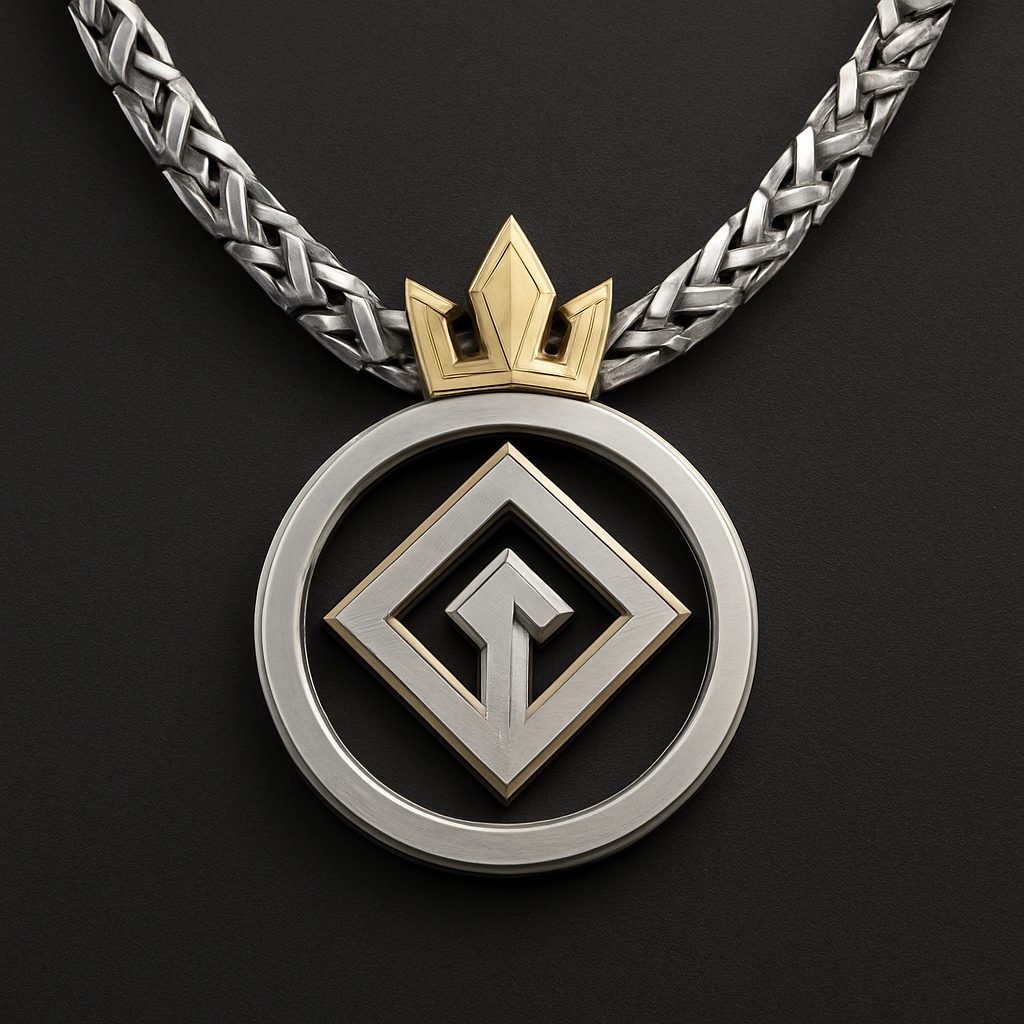 I want to create a very unique necklace in a circle the frame a bit higher than the circle  that no one has from white and yellow gold for a man which a strong personality like a king 