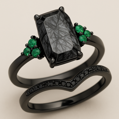 Black band, medium long hexagon cut rutilated black quartz, emerald accent stones 3 on each side in a cluster, add a wedding band that curves with black stones