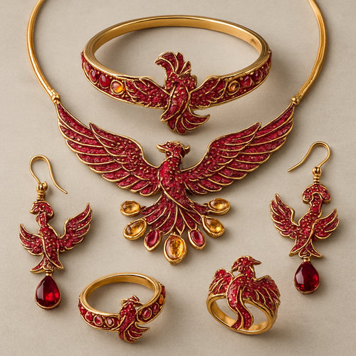 A full Ruby jewelry set including bracelet, earrings and rings with at least 10 citrine and topaz inlays with phoenix themes and an omega necklace