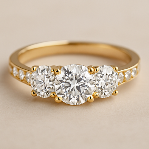 Gold engagement ring with two big diamonds in the middle, two medium diamonds going down the ring then following and two small diamonds. 