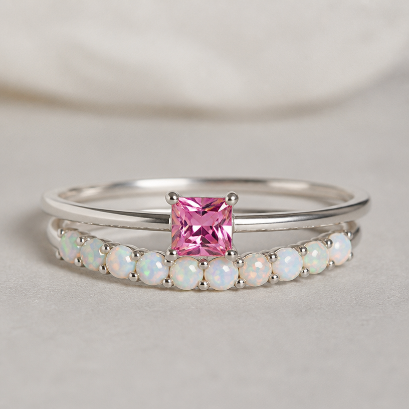 A women's ring made of silver, minimalist, simple and delicate, clean lines. this stone on a small band. the pink stone is square. I also want to add a band with 2mm round Australian opal to make it a set. make the opal band fit around the pink stone
using the attached image as a visual reference, create A women's ring made of silver, minimalist, simple and delicate, clean lines. this stone on a small band. the pink stone is square. I also want to add a band with 2mm round Australian opal to make it a set. make the opal band fit around the pink stone. photorealistic, just the design no text