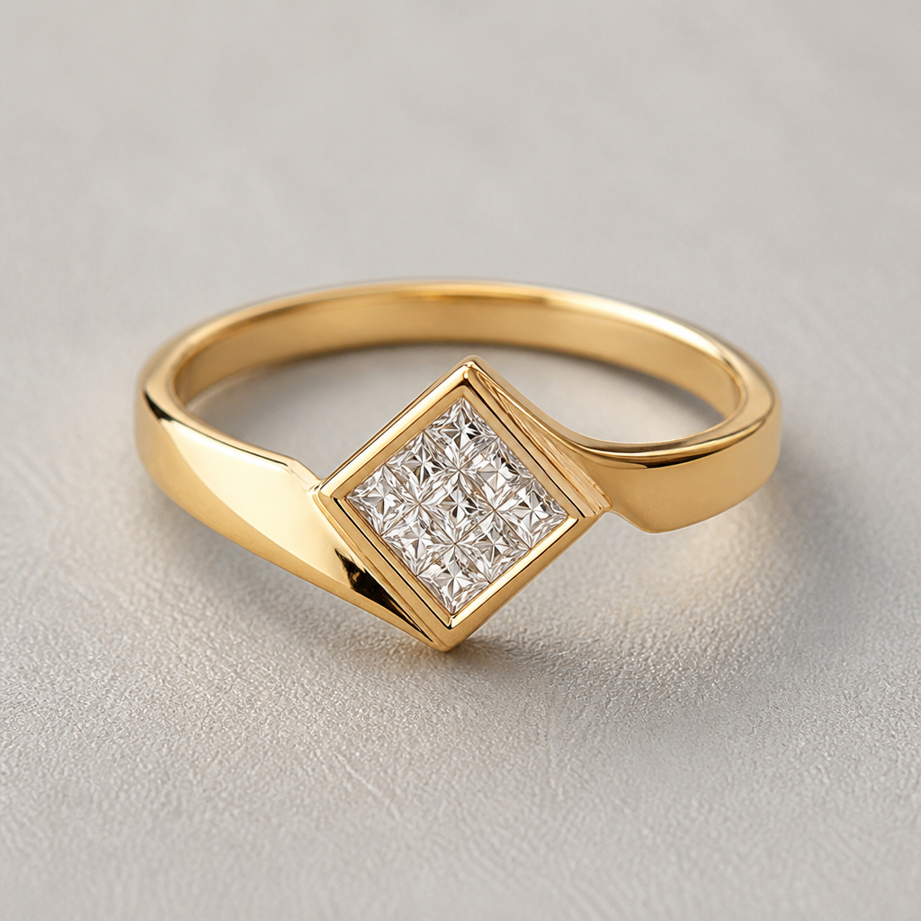 A modern women's ring made of gold with diamond stones suitable for daily wear. invisible princess