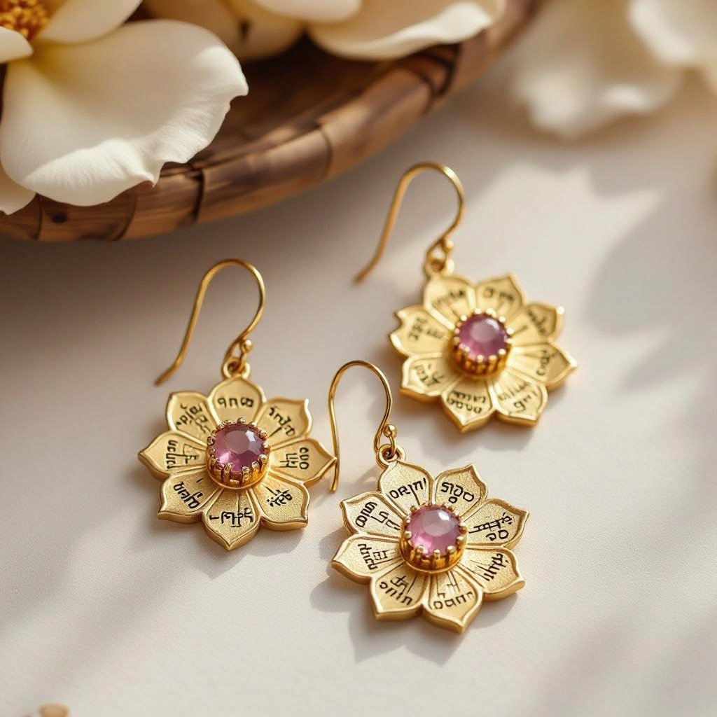 Gold-colored matte ring earrings. The diameter is 1 cm. Pendant in the form of a flat lotus with 6 petals. In the center of the lotus is a rose quartz stone. There are mantras in Sanskrit in small print on the petals.