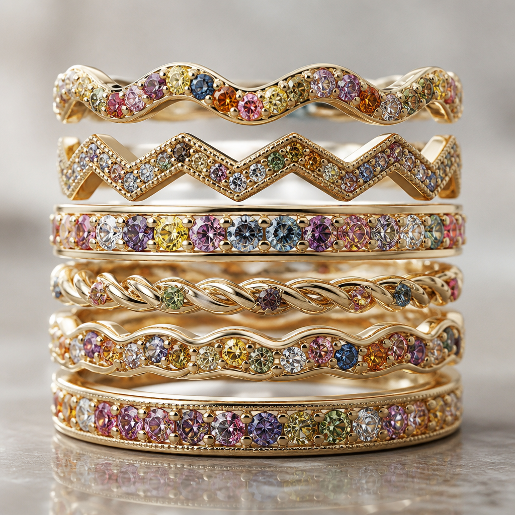 Wavy, zigzag, regular and rope bands with colorful /multicolored diamonds
photorealistic jewelry design, Wavy, zigzag, regular and rope bands with colorful /multicolored diamonds , stackable style, just the design no text