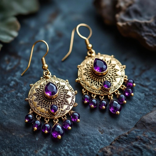 Серьги длинные на цепочках матовое золото мятое. Символ схематично созвездие. Маленькие фиолетовые камушки