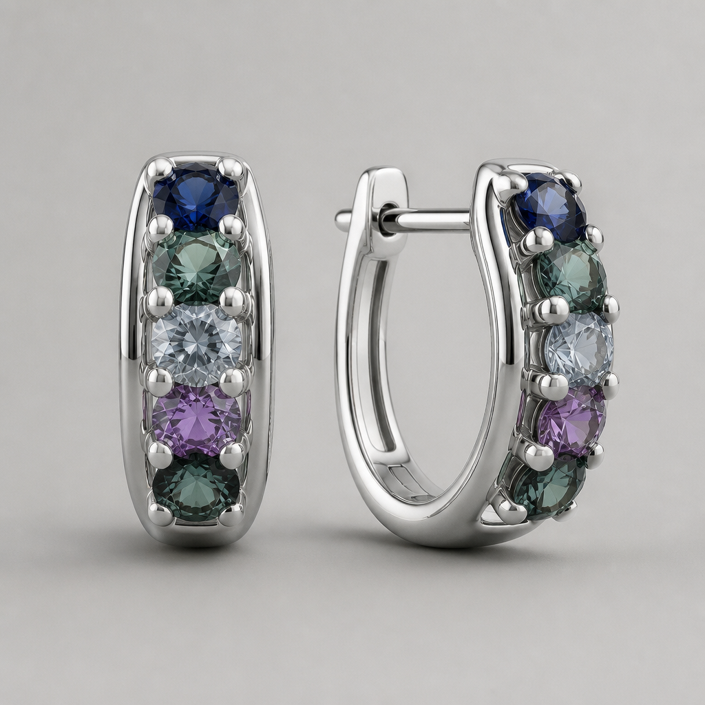 A women's earrings made of silver suitable for daily wear. create earing with these tough color sapphires.
photorealistic jewelry design, A women's earrings made of silver suitable for daily wear. create earing with these tough color sapphires., modern style, just the design no text