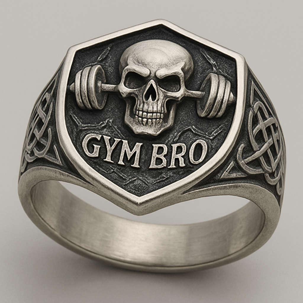 Silver signet ring with angle skull with barbell with gym bro stamped at the bottom in fancy letters