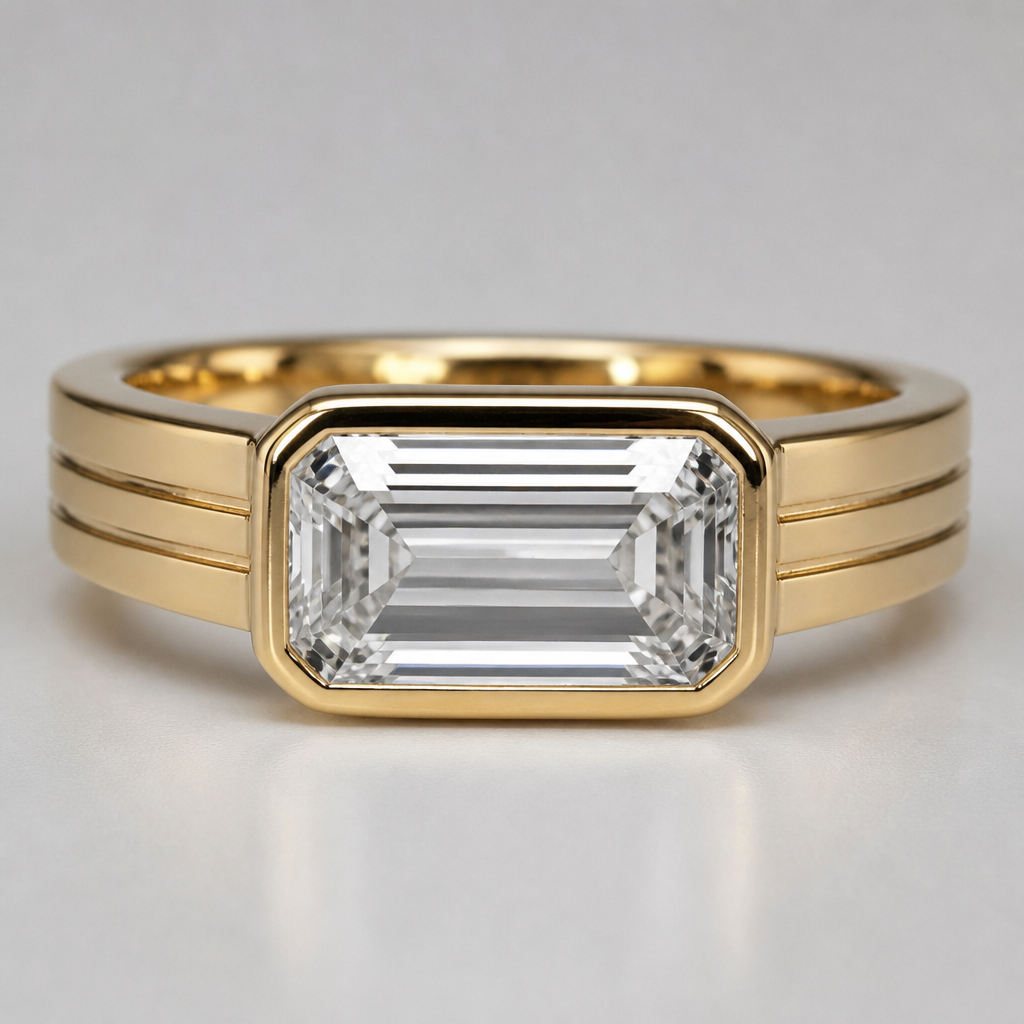 Men’s yellow gold bezel set ring set with a 3ct emerald cut east west. Shank should have linear lines in it.
photorealistic jewelry design, Men’s yellow gold bezel set ring set with a 3ct emerald cut east west. Shank should have linear lines in it.
, just the design no text