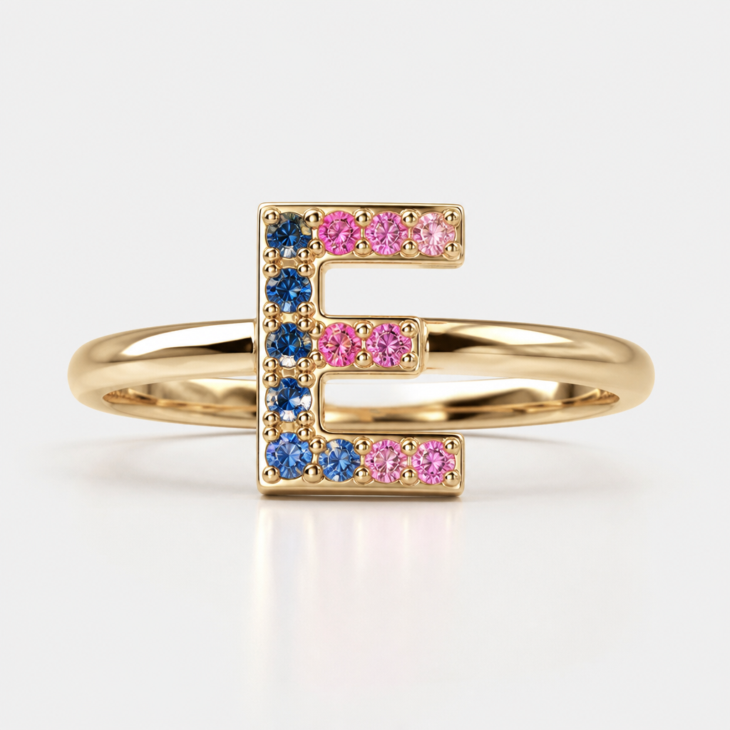 A classic women's ring made of gold, ultra-minimalist, very simple and clean, understated, no embellishments. um anel de 15 anos com inicial E com pedrinhas azul e pedrinhas rosa em volta
photorealistic jewelry design, A classic women's ring made of gold, ultra-minimalist, very simple and clean, understated, no embellishments. um anel de 15 anos com inicial E com pedrinhas azul e pedrinhas rosa em volta, classic style, just the design no text
