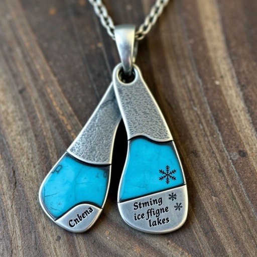 Silver pendant in the shape of ice skating blades with a turquoise stripe within the blade