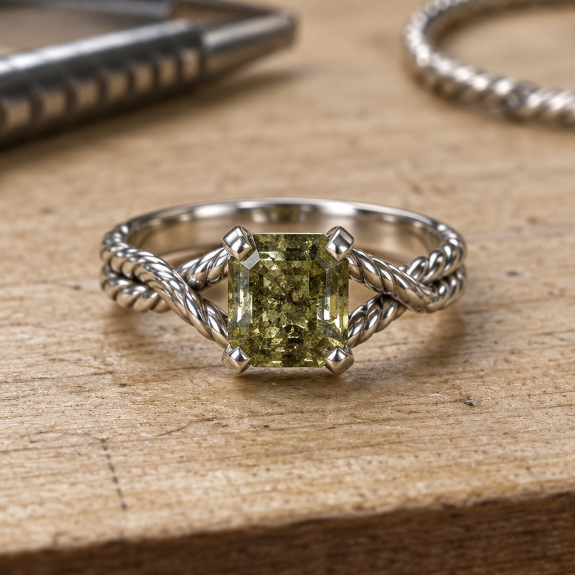 A women's ring made of silver. use the stone and some twisted wire
using the attached image as a visual reference, create A women's ring made of silver. use the stone and some twisted wire. photorealistic, just the design no text