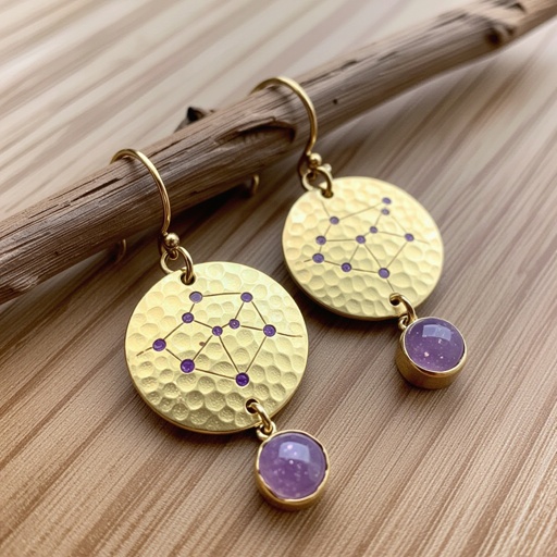 Серьги и кулон в одном стиле. Светлое матовое состаренное мятое золото. На круге изобрежены созвездия. Очень маленькие сиреневые камушки. 