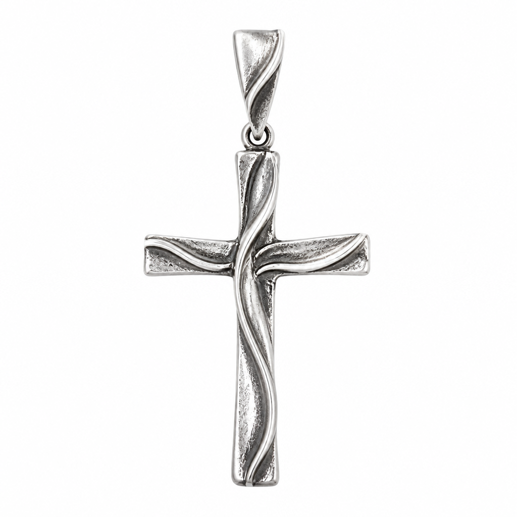 A rustic women's pendant made of silver suitable for daily wear. An extraordinary excellent beautiful delicate and elegant, super modern Cross, without stones, only the Cross without background.
photorealistic jewelry design, A rustic women's pendant made of silver suitable for daily wear. An extraordinary excellent beautiful delicate and elegant, super modern Cross, without stones, only the Cross without background., rustic style, just the design no text
