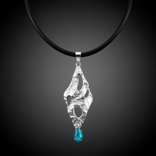 Modern stylish necklace on thick leather cord with big silver pendant and gemstone charm 