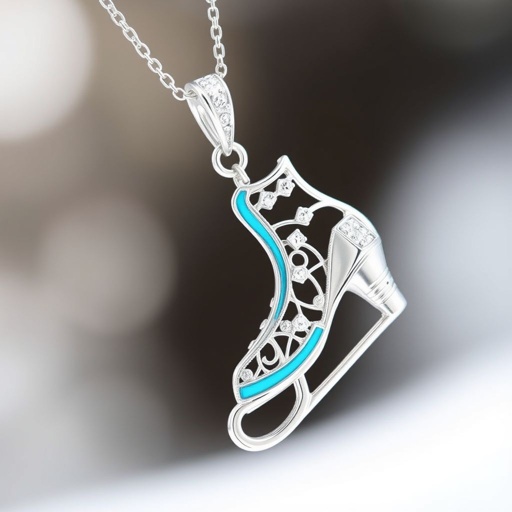 Silver Pendant shape one ice skate with turquoise stripe inside the low thin part blade