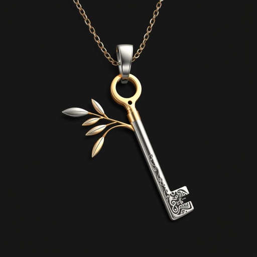 Old skeleton key shape gold and silver tones with olive branch turning on leg and keffieh print on the tip