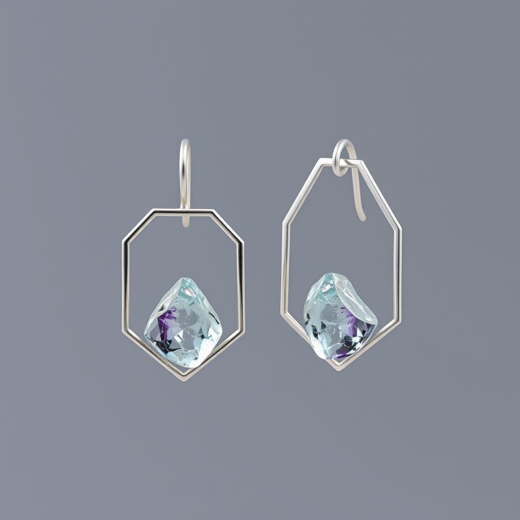 Earring, Silver minimal, raw gemstone, elegant 