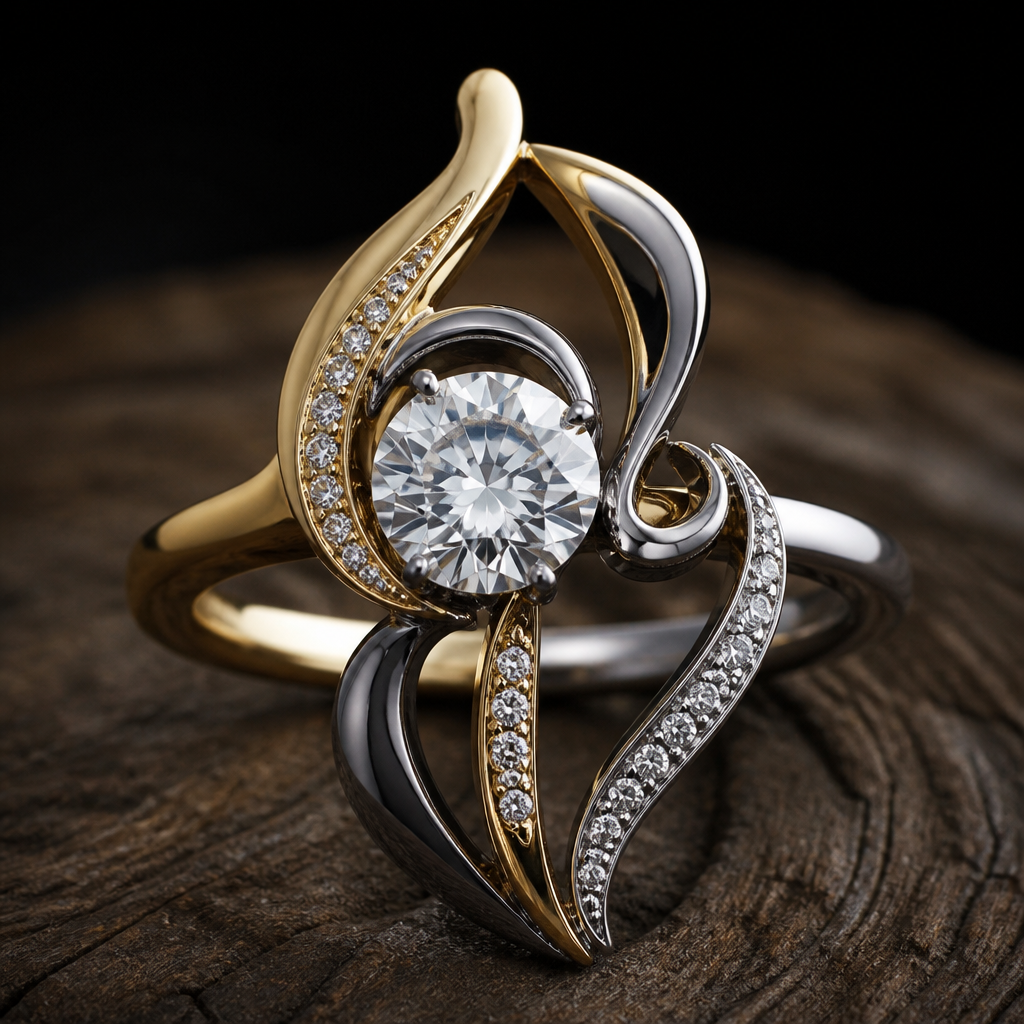 A avant-garde women's ring made of mixed metal with diamond stones suitable for festival. An extraordinary excellent beautiful delicate and elegant solitaire women ring. Face of the ring.
photorealistic jewelry design, A avant-garde women's ring made of mixed metal with diamond stones suitable for festival. An extraordinary excellent beautiful delicate and elegant solitaire women ring. Face of the ring., avant_garde style, just the design no text