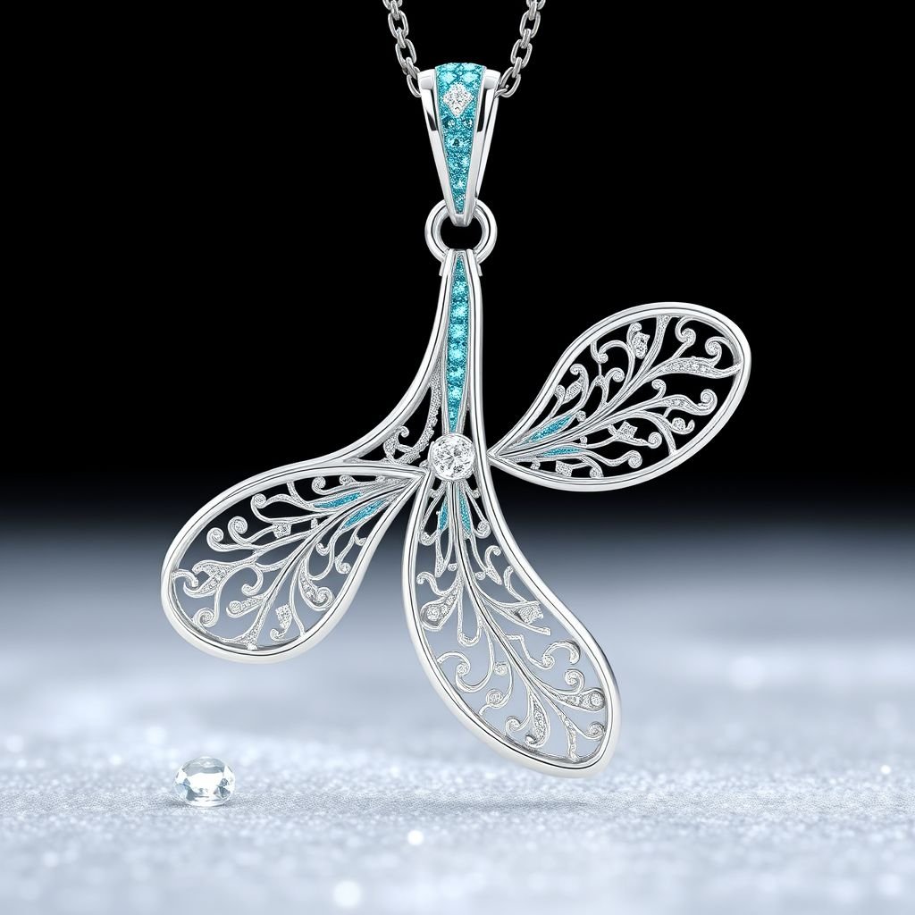 Silver pendant in the shape of ice skating blades with a turquoise stripe within the blade