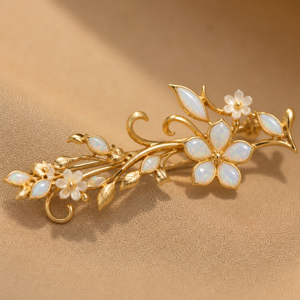 A minimalist women's brooch made of gold with opal stones suitable for daily wear, highly ornate, intricate and elaborate, richly detailed. delicado y sencillo con florecitas
photorealistic jewelry design, A minimalist women's brooch made of gold with opal stones suitable for daily wear, highly ornate, intricate and elaborate, richly detailed. delicado y sencillo con florecitas, minimalist style, just the design no text