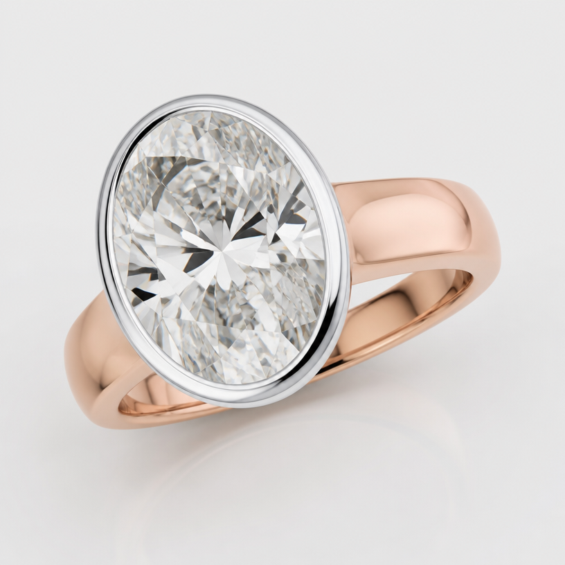 A women's ring. 10ct oval diamond 16mmx11mm
platinum closed basket and bezel
10k rose gold band 4mm wide tapered down
Euro shank
comfort style
using the attached image as a visual reference, create A women's ring. 10ct oval diamond 16mmx11mm
platinum closed basket and bezel
10k rose gold band 4mm wide tapered down
Euro shank
comfort style. photorealistic, just the design no text