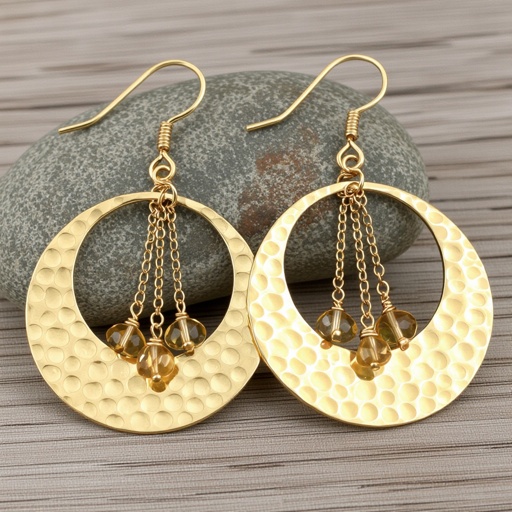 Золотые серьги словно мятое золото в форме узкого изящного полумесяца. Верхушка полумесяца крепится к застежке серьги.  От полумесяца идет три цепочки, у каждой на конце мелкий камушек цитрин