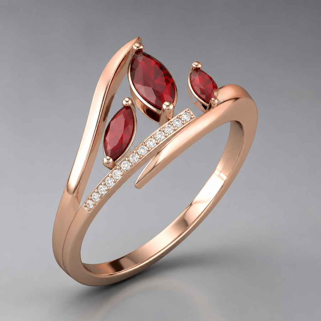 A modern women's ring with ruby stones
photorealistic jewelry design, A modern women's ring with ruby stones, modern style, just the design no text
