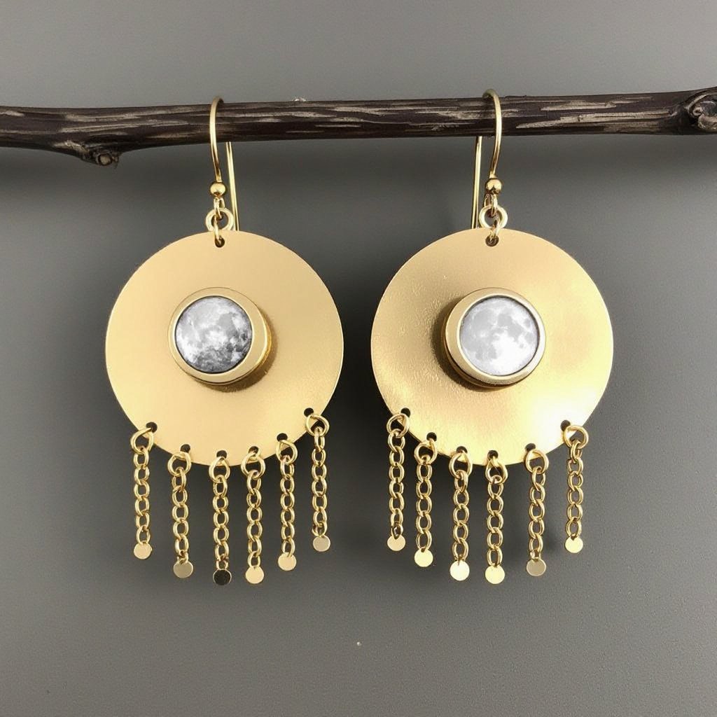Длинные серьги золотые матовые с несколькими цепочками на каждой цепочке маленький полумесяц и полная луна 