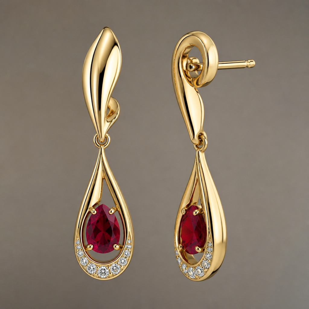 Drop earrings with interesting post, gold metal, and red stones with small diamonds in the drop
photorealistic jewelry design, Drop earrings with interesting post, gold metal, and red stones with small diamonds in the drop, contemporary style, just the design no text