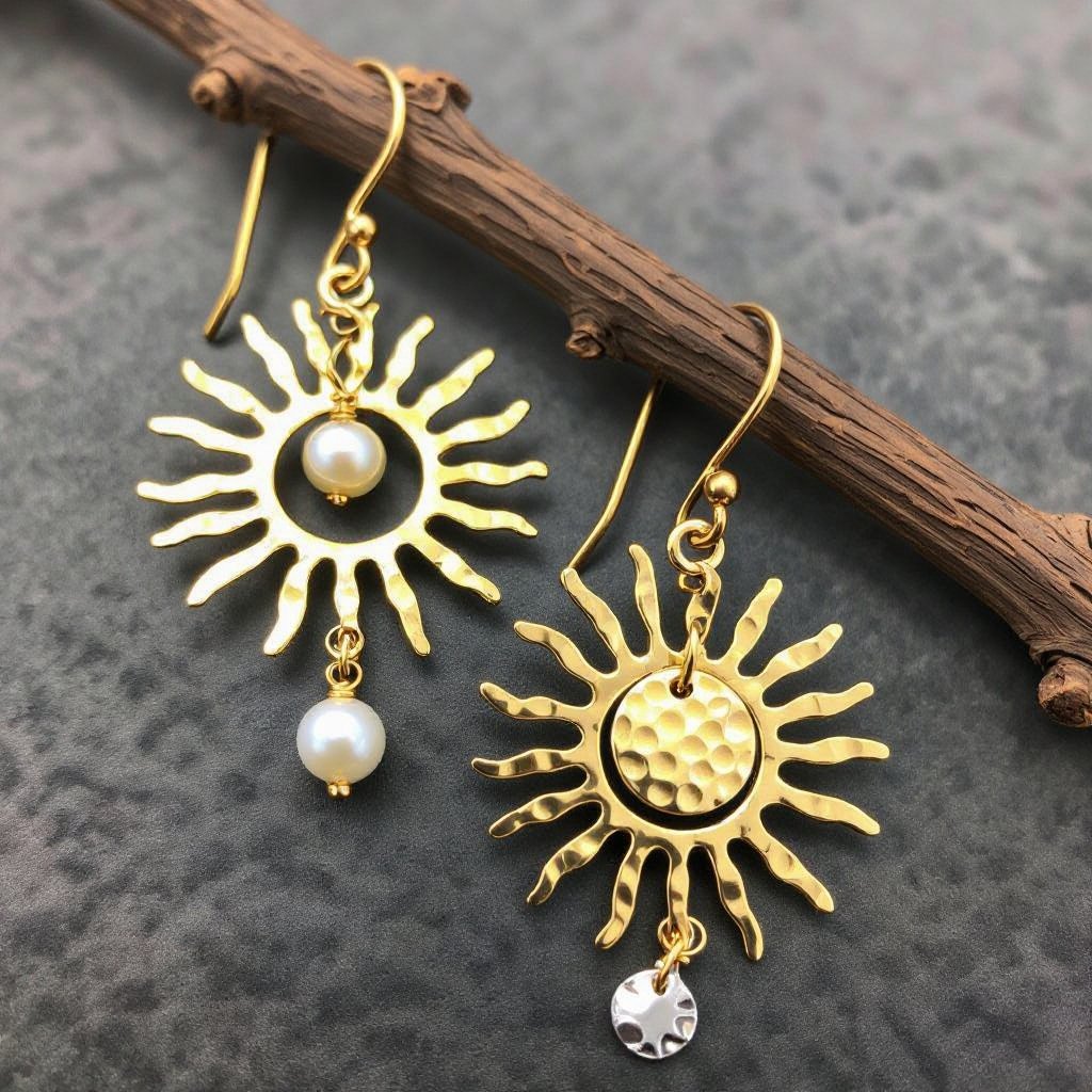 Золотые серьги словно мятое золото в форме солнца с волнистыми лучами, в центре солнца круглая дыра. крепится к застежке серьги. К нижней части солнца крепятся подвески: миниатюрная серебристая луна, очень маленький жемчуг и маленький золотой кружочек с мятым эффектом плоский