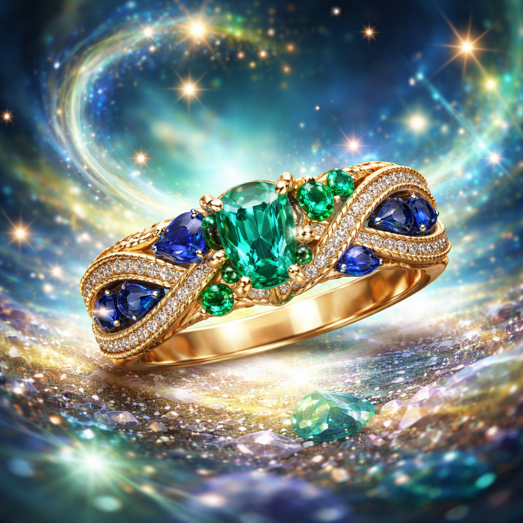 Magical background with a magical ring that is golden banded twisty, and really beautiful with diamonds, emeralds, and blue sapphires
Magical background with a magical ring that is golden banded twisty, and really beautiful with diamonds, emeralds, and blue sapphires, abstract style