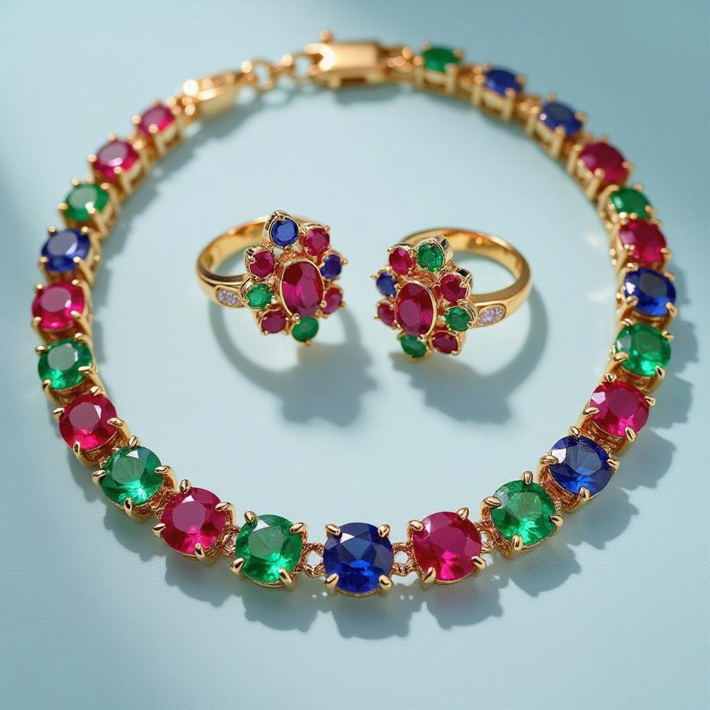 Necklace and ring and earring with luxury colorful jewel with gold