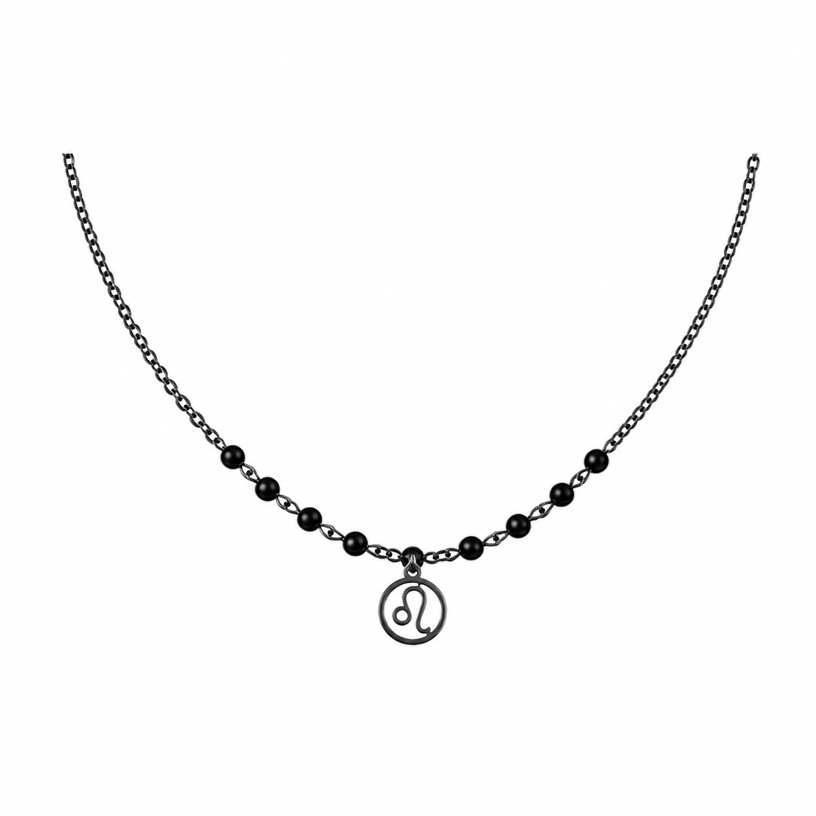 make the black onyx mixed with chain only in front of the necklace so it look aesthetic. also add small minimalistic Leo zodiac charm, simple, with no background but in circle.
edit the attached jewelry design with these instructions: make the black onyx mixed with chain only in front of the necklace so it look aesthetic. also add small minimalistic Leo zodiac charm, simple, with no background but in circle.. keep it photorealistic, just the design no text