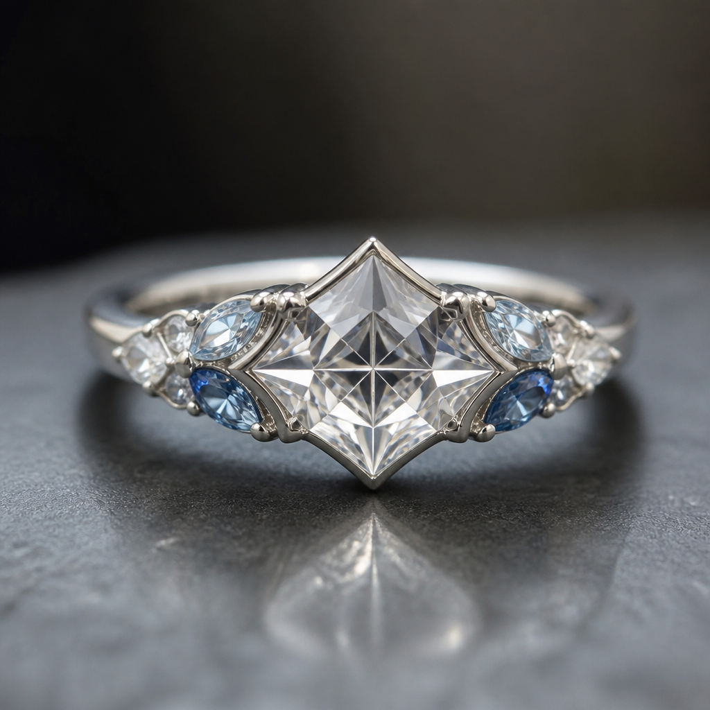unique square cut diamond with gemstones ring design
photorealistic jewelry design, unique square cut diamond with gemstones ring design, just the design no text