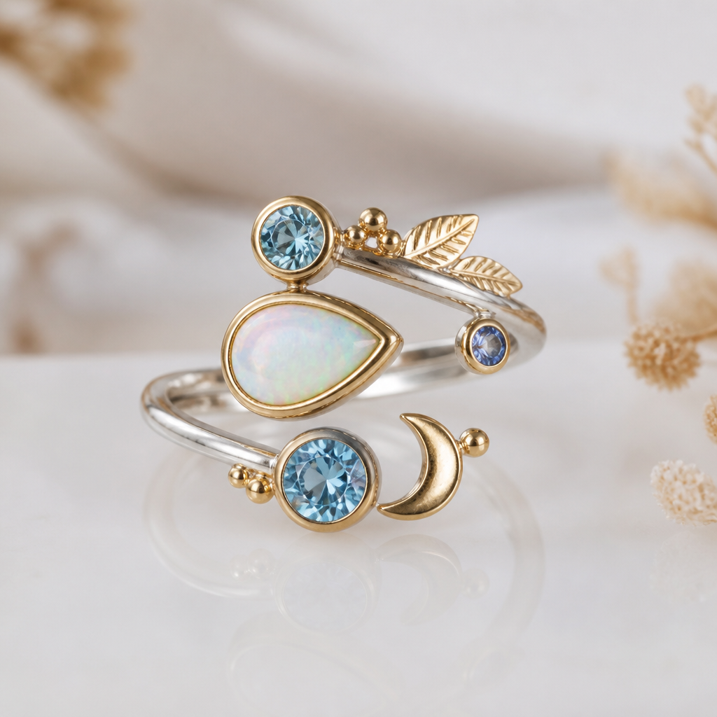 A minimalist women's ring made of mixed metal with opal and topaz and aquamarine stones suitable for festival. A modern women ring with little ornaments of modern motifs.
photorealistic jewelry design, A minimalist women's ring made of mixed metal with opal and topaz and aquamarine stones suitable for festival. A modern women ring with little ornaments of modern motifs., minimalist style, just the design no text