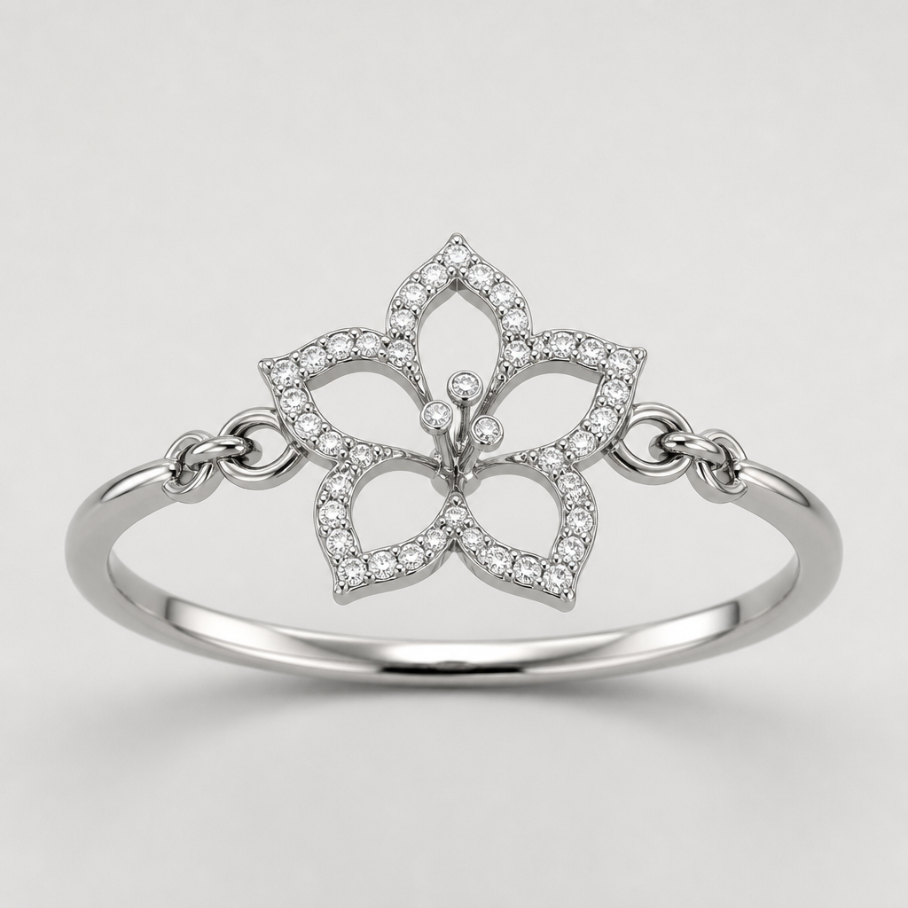 A women's ring made of silver with diamond stones. hibicus ligne fine, (diamand poutours des petales vide, toutes les petales) et delicat ,3 tres petit diamand dans le milieu au bout de la tige interieur de la fleur vide, plus detail, 5 petales chaine de chaque coté, tige qui ne depasse la fleur, minimaliste mince féminin, avec anneau pas de chaine
photorealistic jewelry design, A women's ring made of silver with diamond stones. hibicus ligne fine, (diamand poutours des petales vide, toutes les petales) et delicat ,3 tres petit diamand dans le milieu au bout de la tige interieur de la fleur vide, plus detail, 5 petales chaine de chaque coté, tige qui ne depasse la fleur, minimaliste mince féminin, avec anneau pas de chaine, modern style, just the design no text