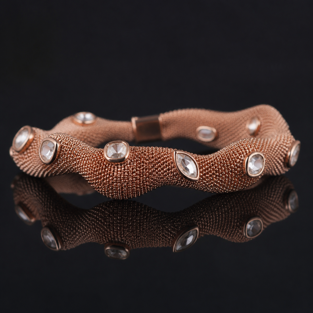 Soft bangle adorned with rose-cut diamonds
photorealistic jewelry design, Soft bangle adorned with rose-cut diamonds, avant_garde style, just the design no text