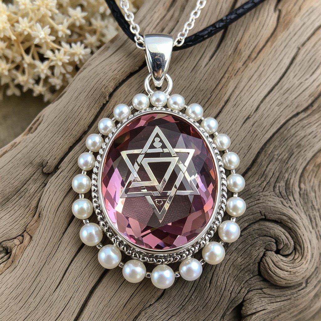 A Merkabah symbol with pink quartz and pearls
