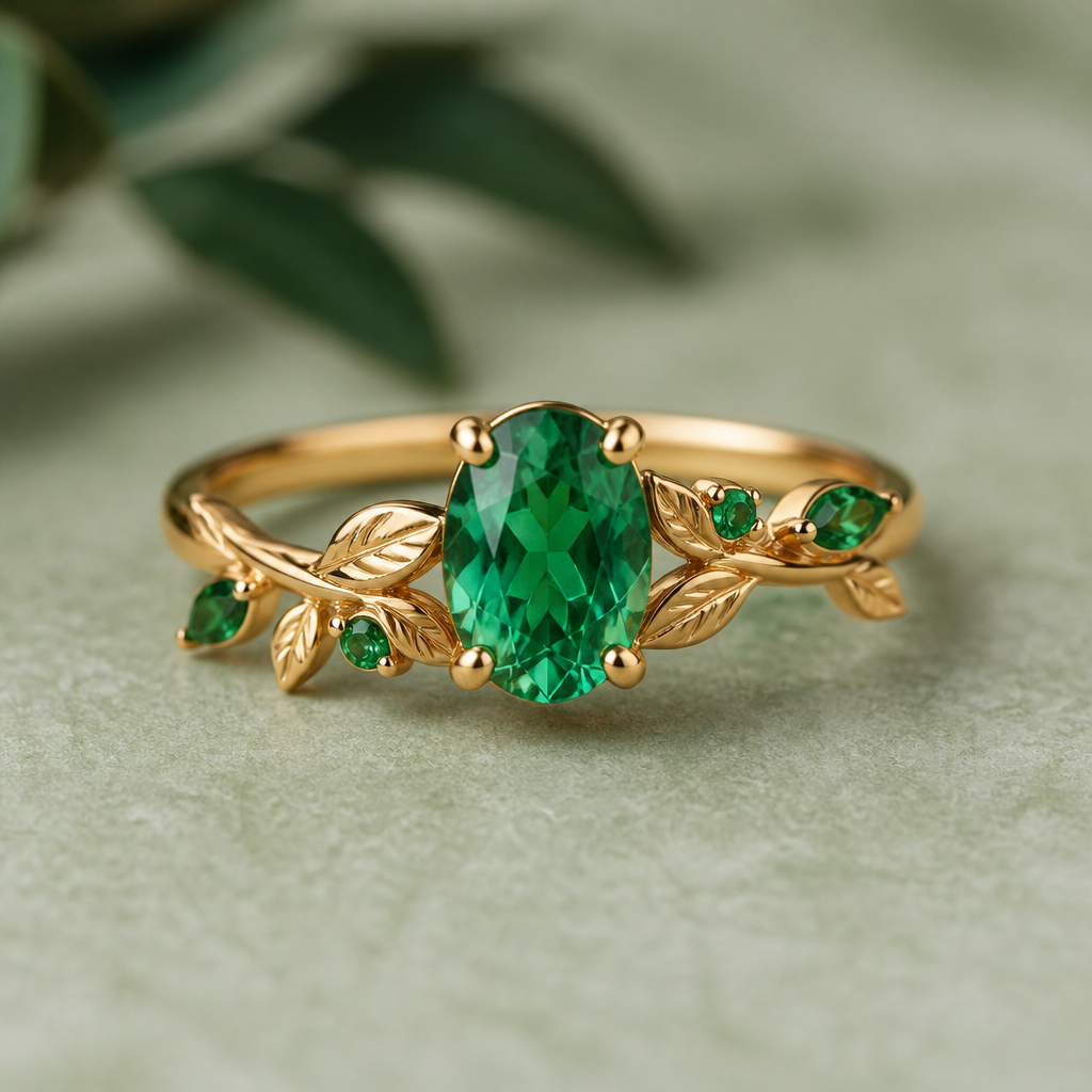A nature-inspired women's ring made of gold with emerald stones suitable for engagement
photorealistic jewelry design, A nature-inspired women's ring made of gold with emerald stones suitable for engagement, nature_inspired style, just the design no text