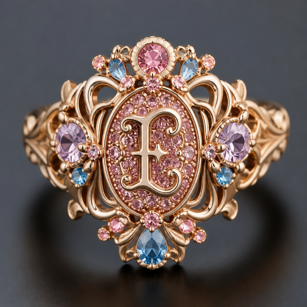 A art nouveau women's ring, detailed and decorative, moderately ornate. anel de 15 anos com inicial E com pedras rosa dentro com azul e rosa em volta
photorealistic jewelry design, A art nouveau women's ring, detailed and decorative, moderately ornate. anel de 15 anos com inicial E com pedras rosa dentro com azul e rosa em volta, art_nouveau style, just the design no text