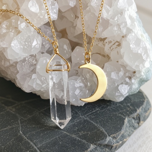 Прозрачный белый длинный кристалл горного хрусталя шестигранный золотой матовый тонкий полумесяц подвеска рядом все на одной цепочке