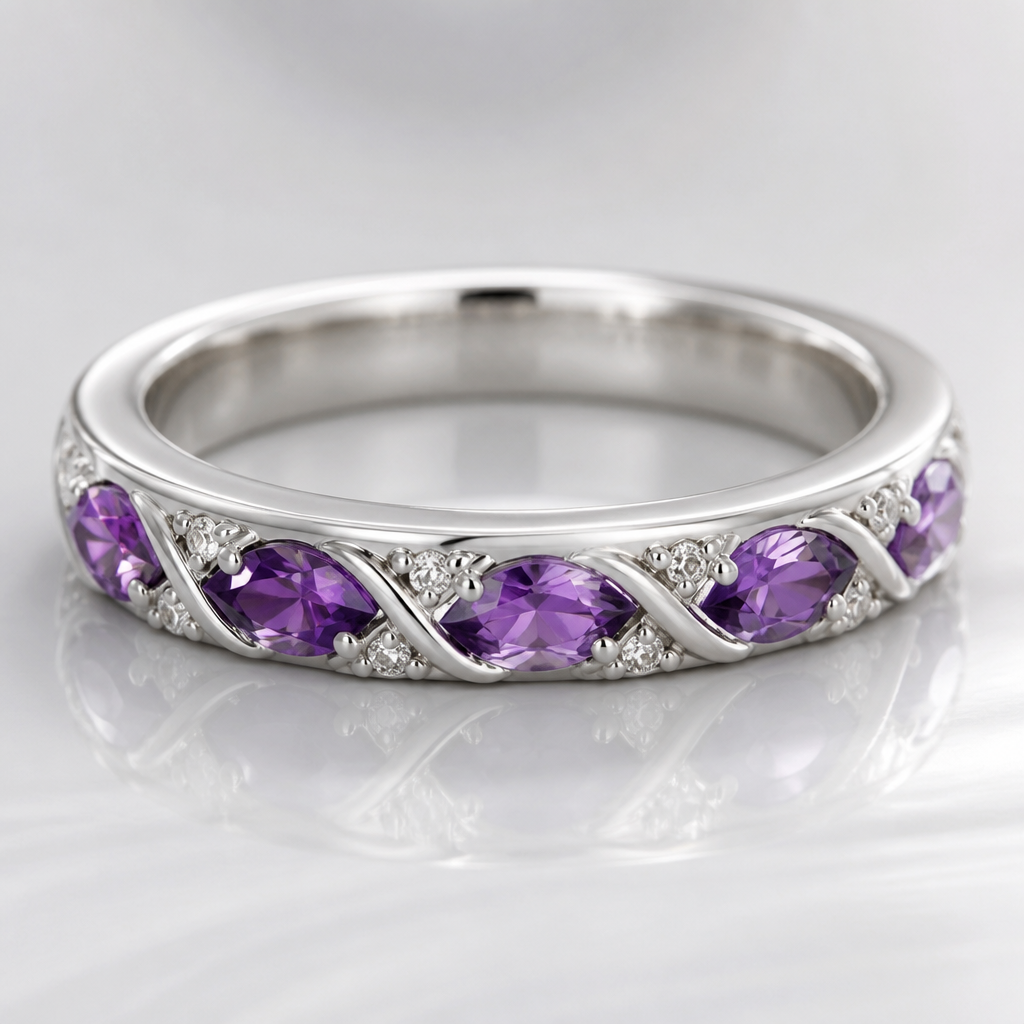 Wedding ring with Purple gems
photorealistic jewelry design, Wedding ring with Purple gems, just the design no text