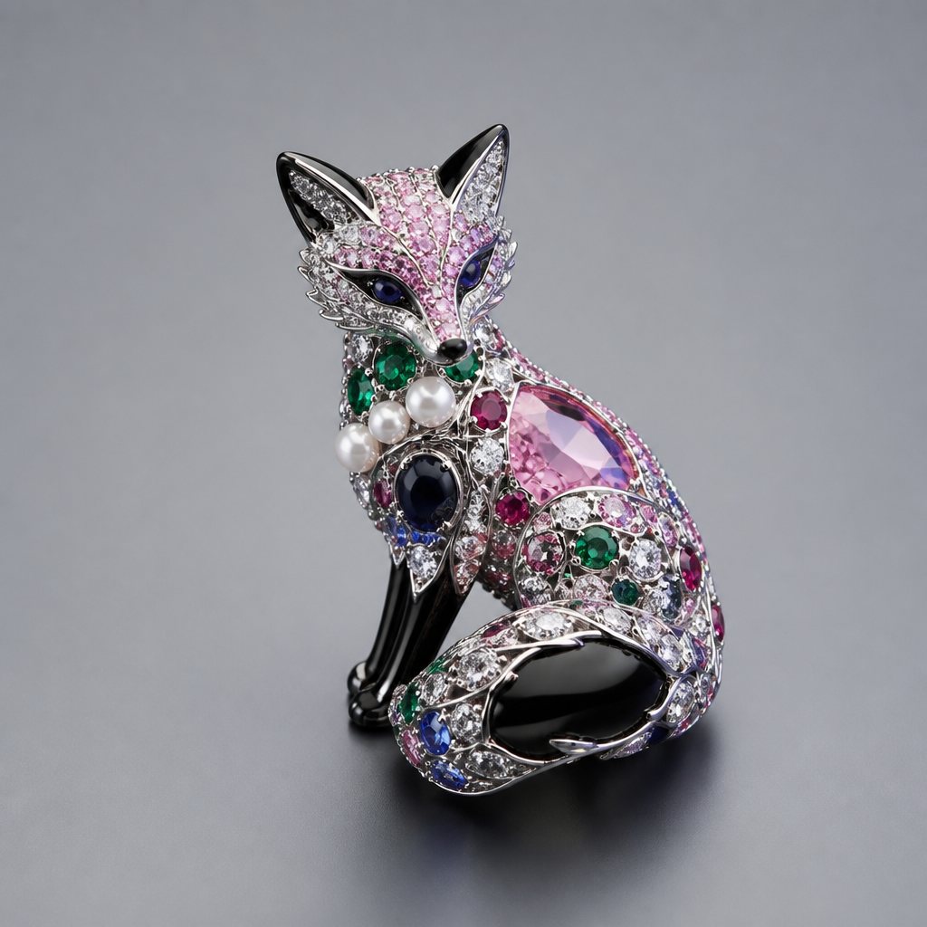 Pink diamond diamond sapphire emerald ruby pearl obsidian fox
photorealistic jewelry design, Pink diamond diamond sapphire emerald ruby pearl obsidian fox, avant_garde style, just the design no text