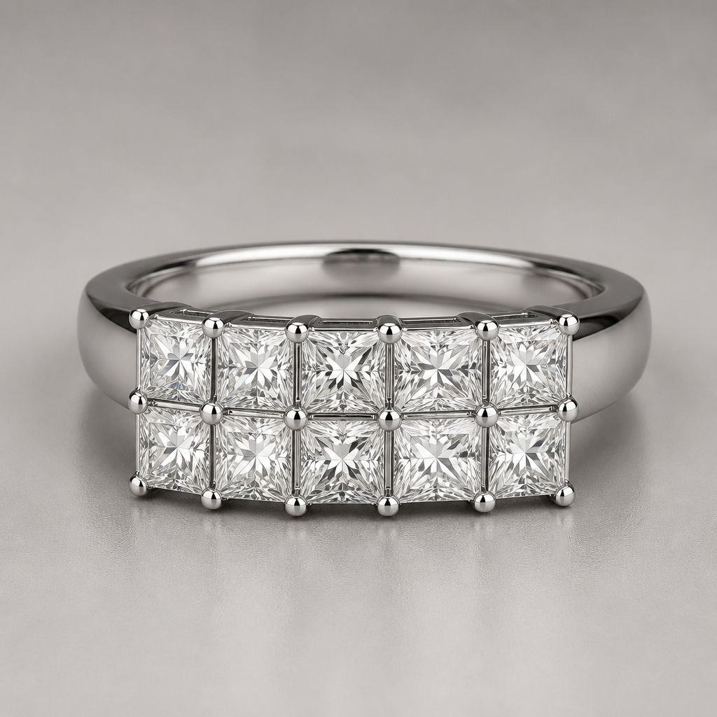 A women's ring suitable for engagement. 10 square stone in two rows
photorealistic jewelry design, A women's ring suitable for engagement. 10 square stone in two rows, modern style, just the design no text