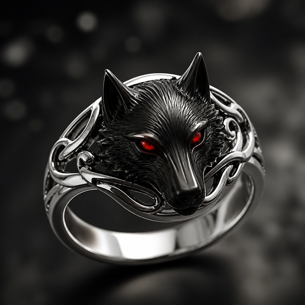 A platinum women's ring made of silver. Ma wolf wali ring banana chati hu ring silver hu wolf black hu or eyes red hu glow kry girl ring
photorealistic jewelry design, A platinum women's ring made of silver. Ma wolf wali ring banana chati hu ring silver hu wolf black hu or eyes red hu glow kry girl ring, platinum style, just the design no text