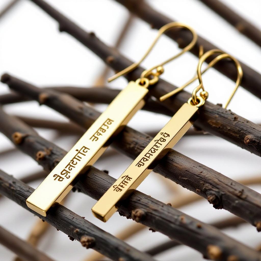 Золотые матовые серьги. На подвеска и виде тонкого длинного прямоугольника. На нем написана мантра Асатома на санскрите. 